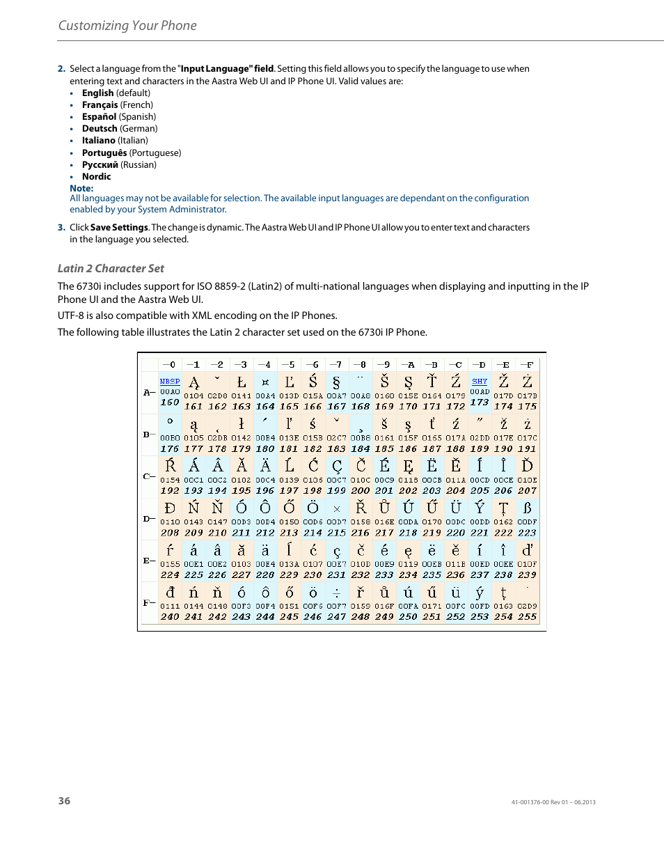 Latin 2 character set, Customizing your phone | AASTRA 6730i (Version 3.2) User Guide EN User Manual | Page 42 / 185