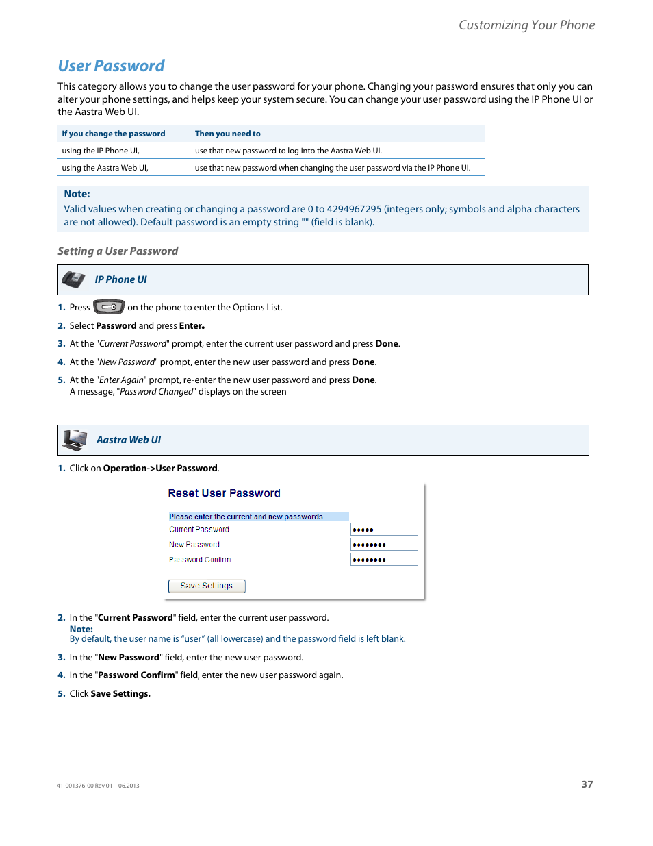 User password, Setting a user password, Customizing your phone | AASTRA 6730i (Version 3.2) User Guide EN User Manual | Page 43 / 185