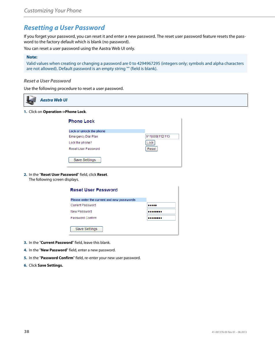 Resetting a user password, Reset a user password, Customizing your phone | AASTRA 6730i (Version 3.2) User Guide EN User Manual | Page 44 / 185