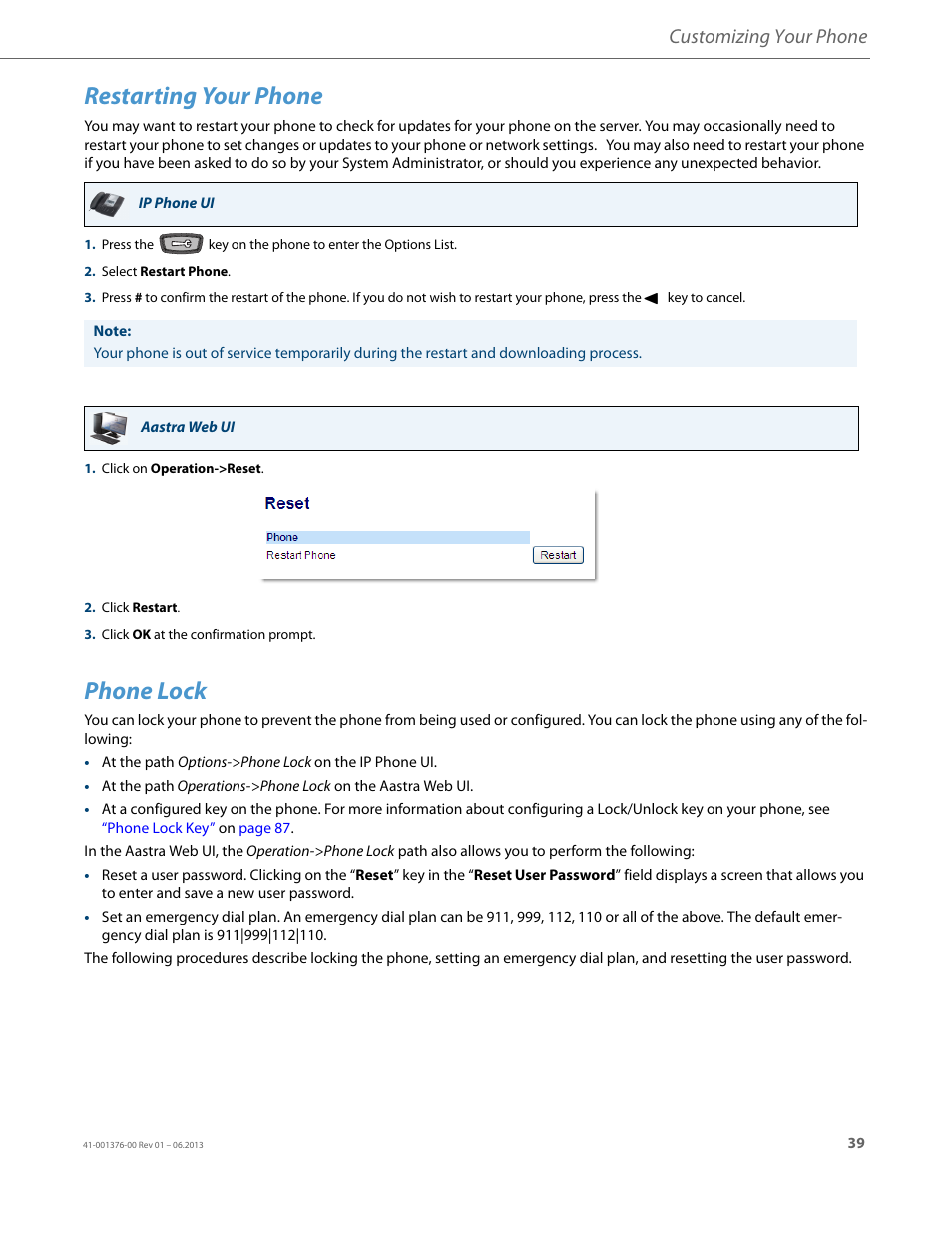 Restarting your phone, Phone lock, Customizing your phone | AASTRA 6730i (Version 3.2) User Guide EN User Manual | Page 45 / 185