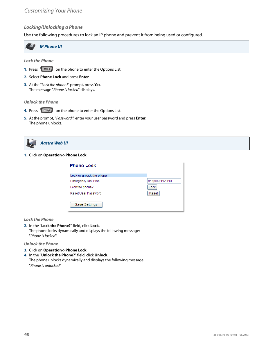 Locking/unlocking a phone, Customizing your phone | AASTRA 6730i (Version 3.2) User Guide EN User Manual | Page 46 / 185