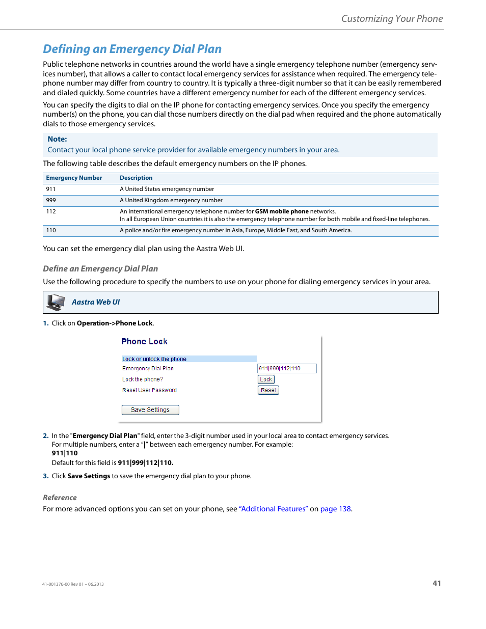 Defining an emergency dial plan, Define an emergency dial plan, Customizing your phone | AASTRA 6730i (Version 3.2) User Guide EN User Manual | Page 47 / 185