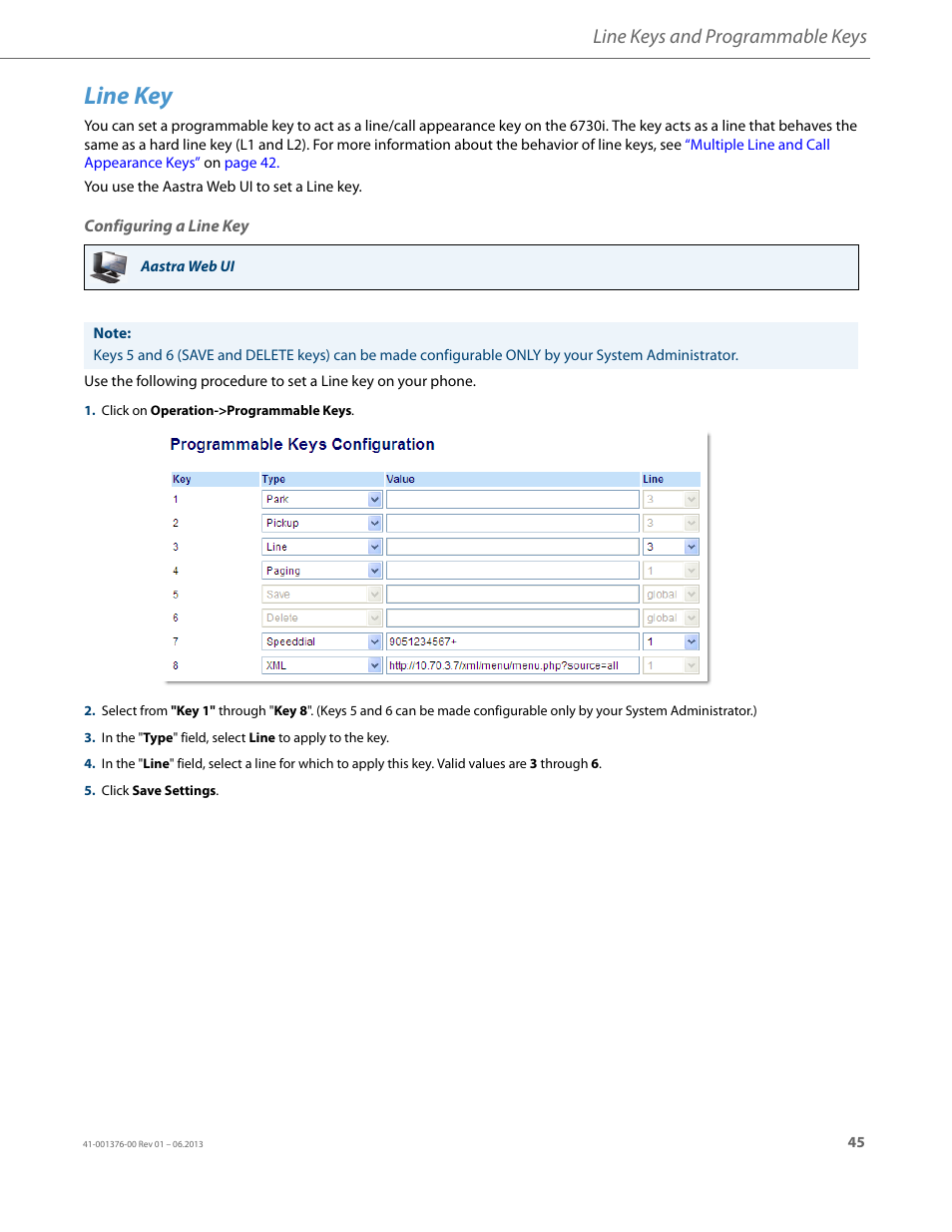 Line key, Configuring a line key, Line keys and programmable keys | AASTRA 6730i (Version 3.2) User Guide EN User Manual | Page 51 / 185