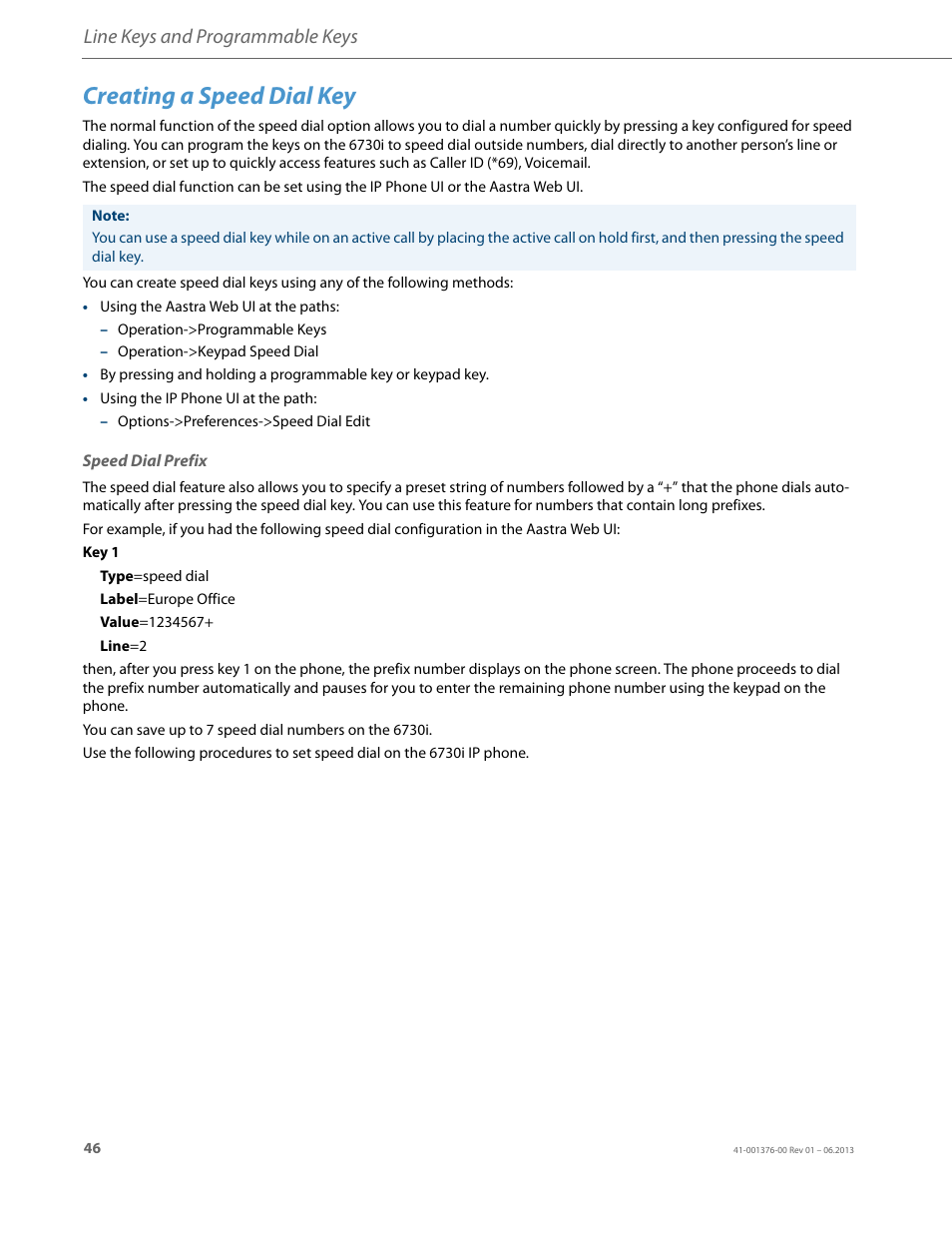 Creating a speed dial key, Speed dial prefix, Line keys and programmable keys | AASTRA 6730i (Version 3.2) User Guide EN User Manual | Page 52 / 185