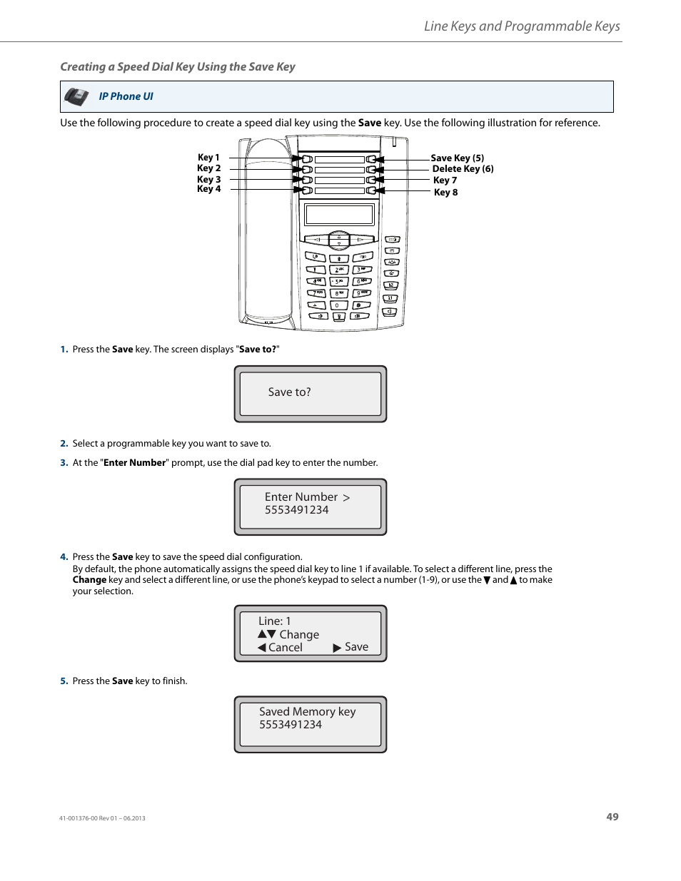 Creating a speed dial key using the save key, Line keys and programmable keys | AASTRA 6730i (Version 3.2) User Guide EN User Manual | Page 55 / 185