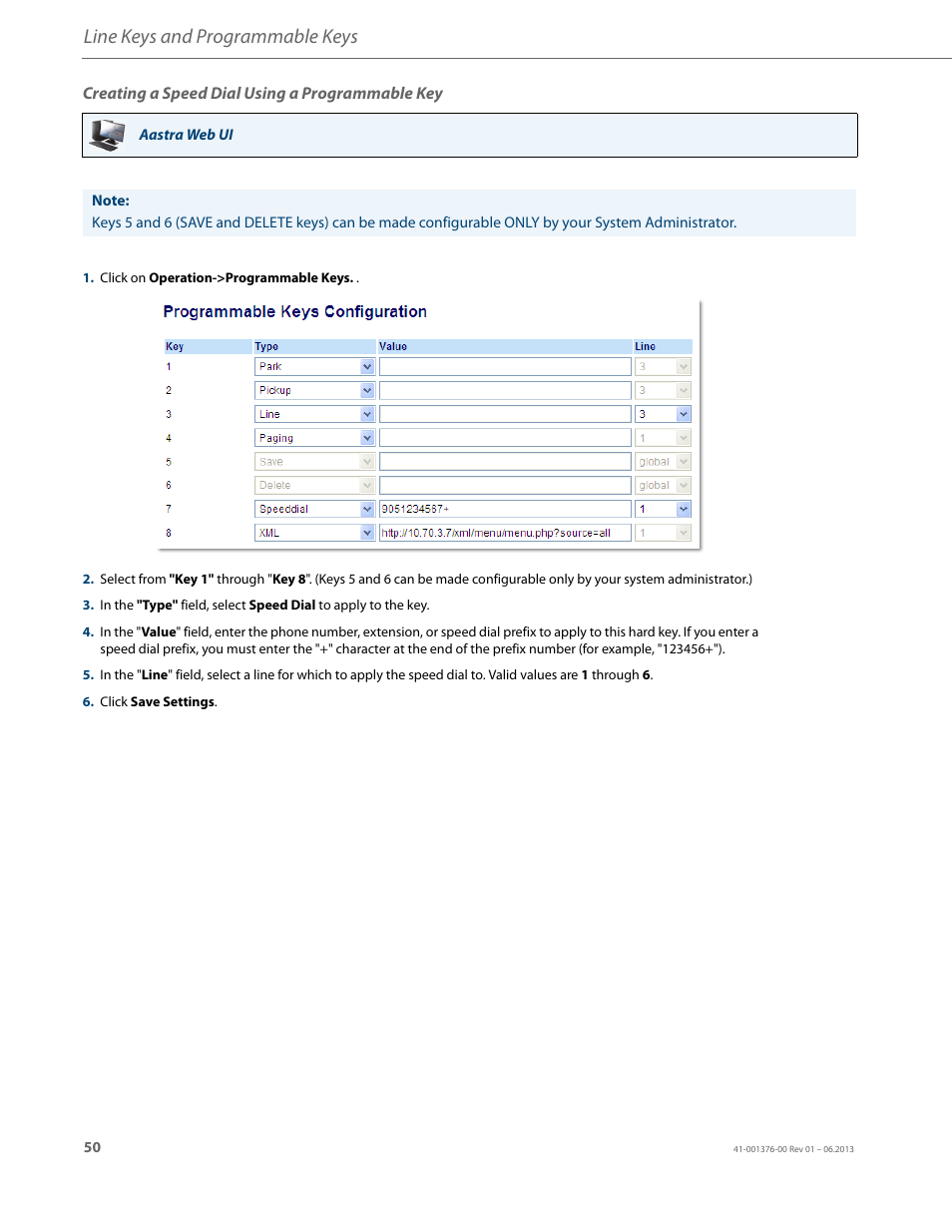 Creating a speed dial using a programmable key, Line keys and programmable keys | AASTRA 6730i (Version 3.2) User Guide EN User Manual | Page 56 / 185