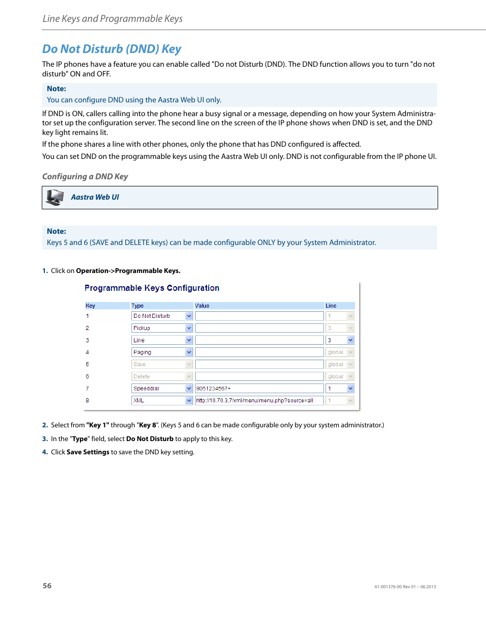 Do not disturb (dnd) key, Configuring a dnd key, Line keys and programmable keys | AASTRA 6730i (Version 3.2) User Guide EN User Manual | Page 62 / 185