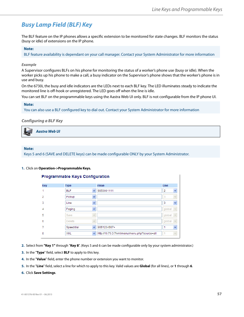 Configuring a blf key, Busy lamp field (blf) key, Line keys and programmable keys | AASTRA 6730i (Version 3.2) User Guide EN User Manual | Page 63 / 185