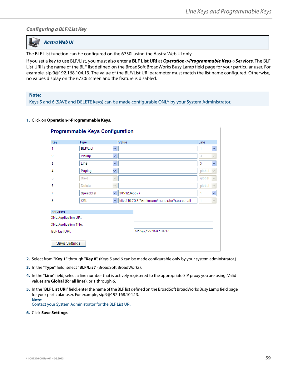 Configuring a blf/list key, Line keys and programmable keys | AASTRA 6730i (Version 3.2) User Guide EN User Manual | Page 65 / 185