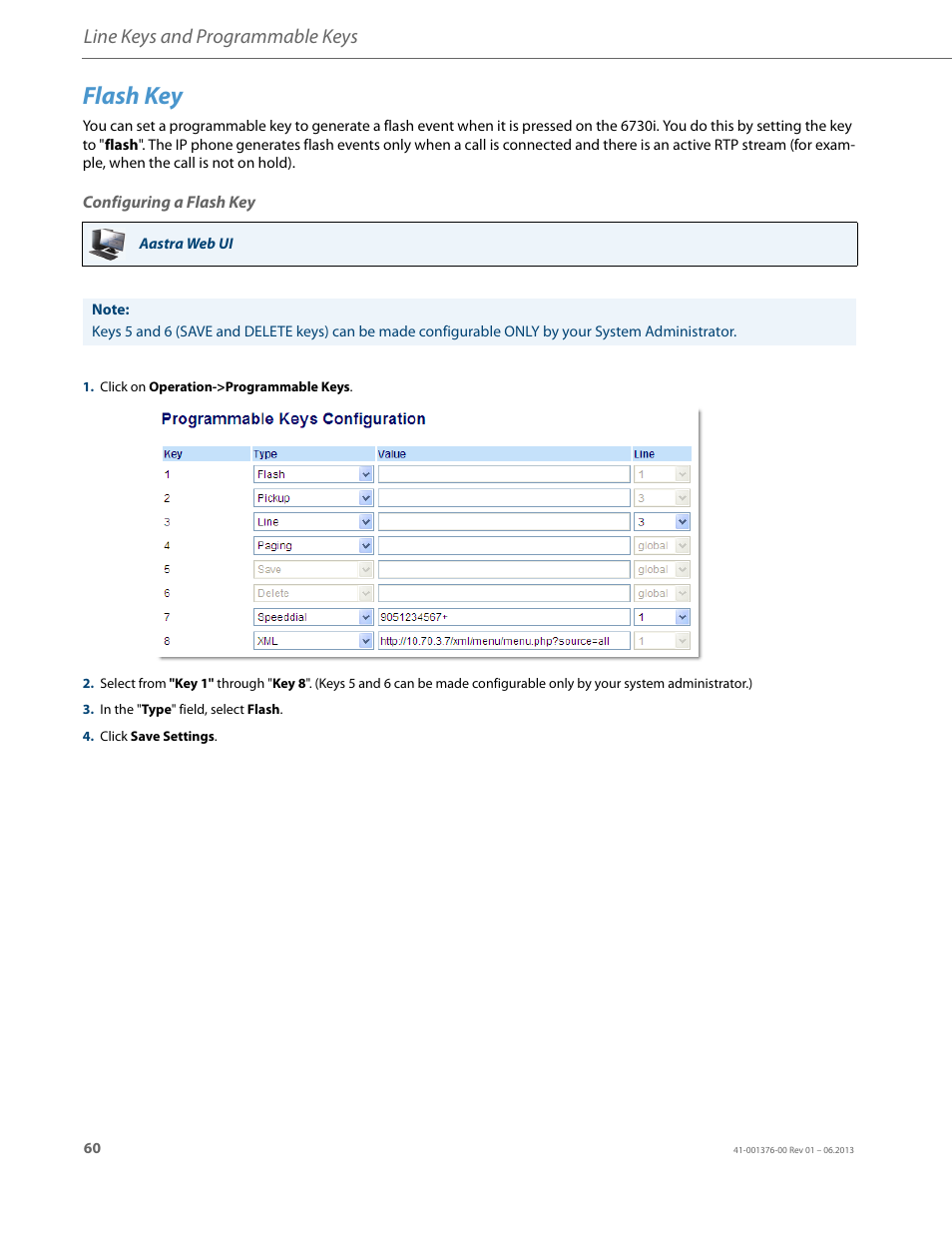 Flash key, Configuring a flash key, Line keys and programmable keys | AASTRA 6730i (Version 3.2) User Guide EN User Manual | Page 66 / 185