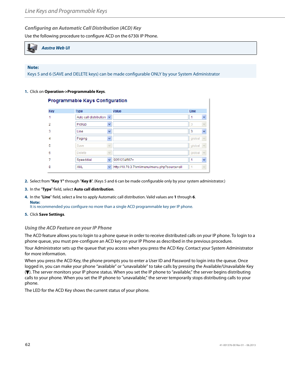 Using the acd feature on your ip phone, Line keys and programmable keys | AASTRA 6730i (Version 3.2) User Guide EN User Manual | Page 68 / 185