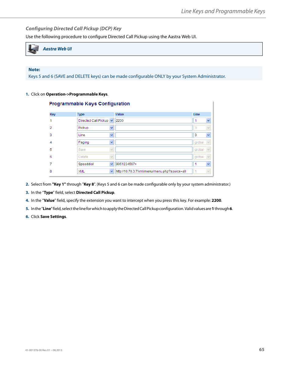 Configuring directed call pickup (dcp) key, Line keys and programmable keys | AASTRA 6730i (Version 3.2) User Guide EN User Manual | Page 71 / 185