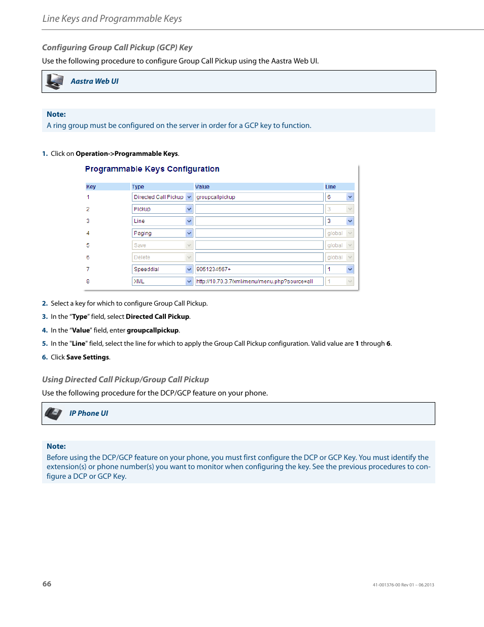 Configuring group call pickup (gcp) key, Using directed call pickup/group call pickup, Line keys and programmable keys | AASTRA 6730i (Version 3.2) User Guide EN User Manual | Page 72 / 185