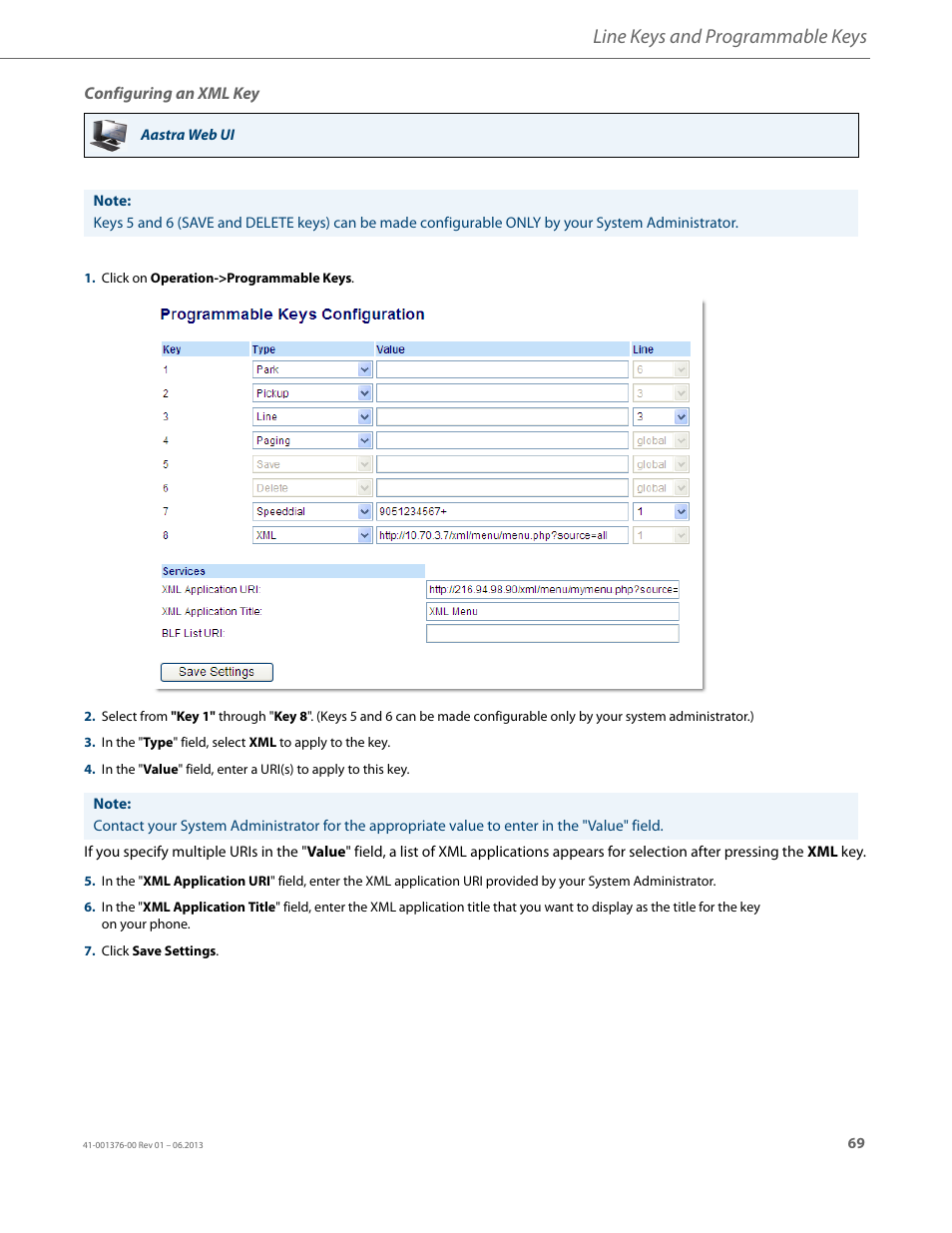 Configuring an xml key, Line keys and programmable keys | AASTRA 6730i (Version 3.2) User Guide EN User Manual | Page 75 / 185