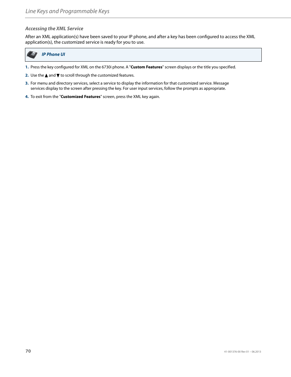 Accessing the xml service, Line keys and programmable keys | AASTRA 6730i (Version 3.2) User Guide EN User Manual | Page 76 / 185