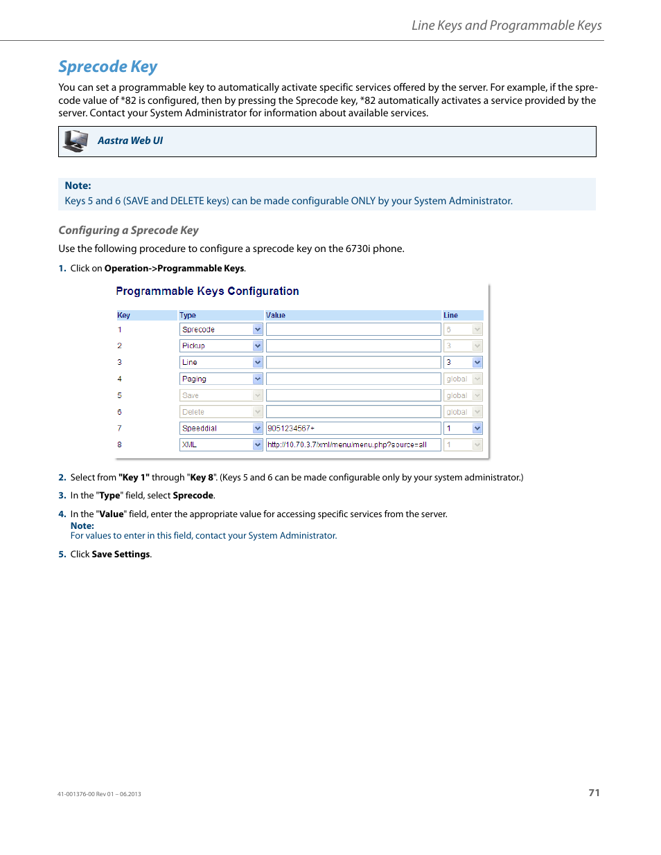 Sprecode key, Configuring a sprecode key, Line keys and programmable keys | AASTRA 6730i (Version 3.2) User Guide EN User Manual | Page 77 / 185