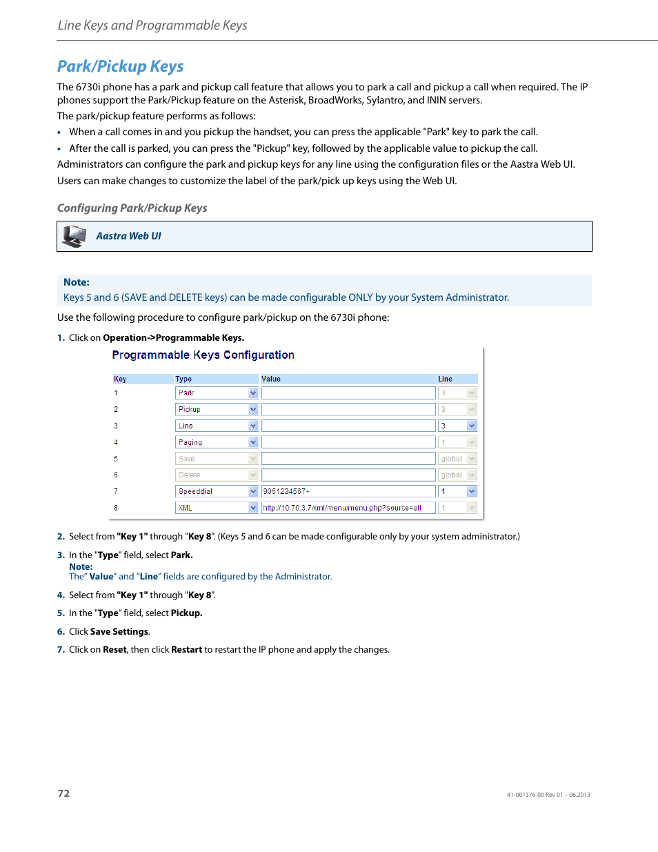 Park/pickup keys, Configuring park/pickup keys, Line keys and programmable keys | AASTRA 6730i (Version 3.2) User Guide EN User Manual | Page 78 / 185