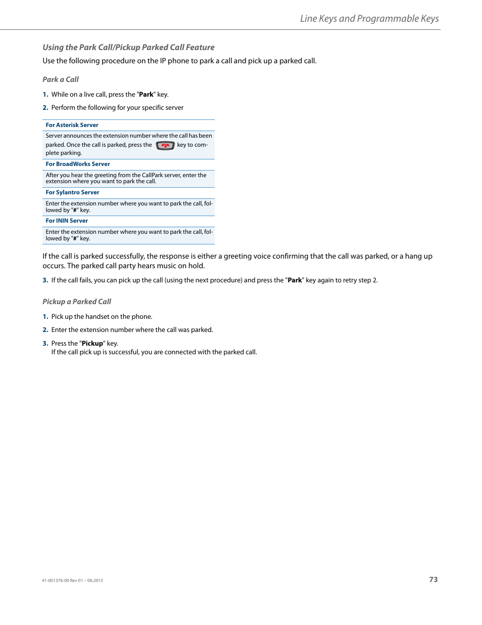 Using the park call/pickup parked call feature, Line keys and programmable keys | AASTRA 6730i (Version 3.2) User Guide EN User Manual | Page 79 / 185