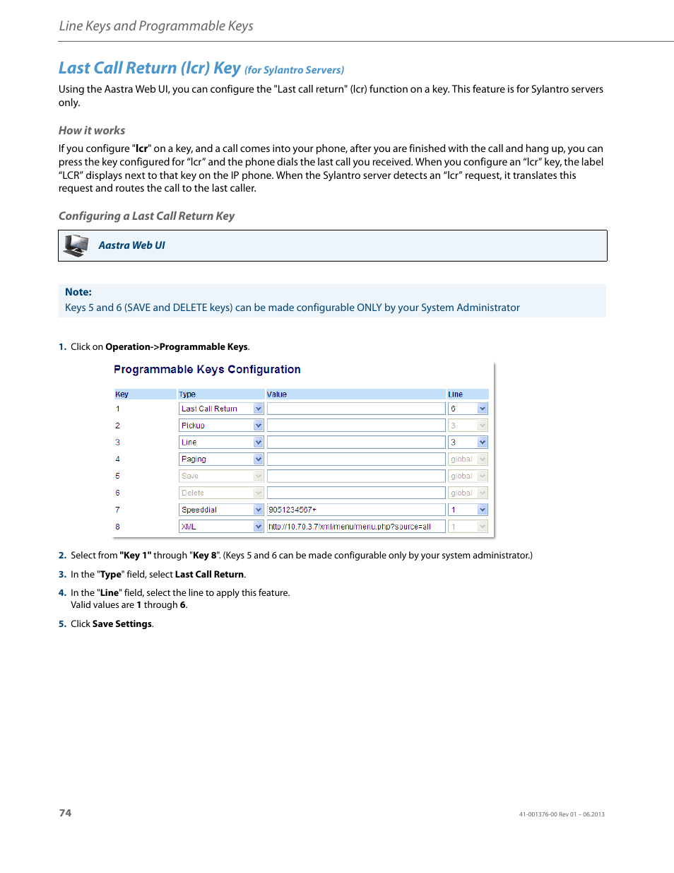 Last call return (lcr) key (for sylantro servers), How it works, Configuring a last call return key | Last call return (lcr) key, Line keys and programmable keys | AASTRA 6730i (Version 3.2) User Guide EN User Manual | Page 80 / 185