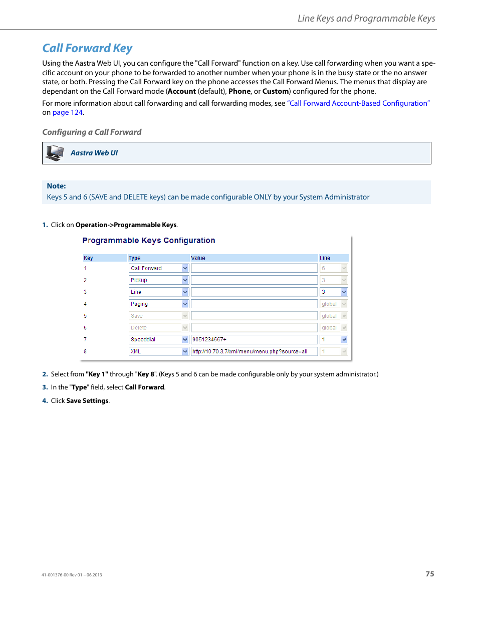 Call forward key, Configuring a call forward, Line keys and programmable keys | AASTRA 6730i (Version 3.2) User Guide EN User Manual | Page 81 / 185