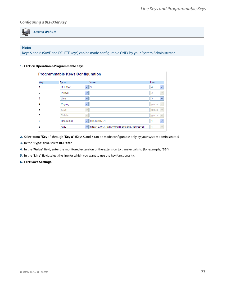 Configuring a blf/xfer key, Line keys and programmable keys | AASTRA 6730i (Version 3.2) User Guide EN User Manual | Page 83 / 185