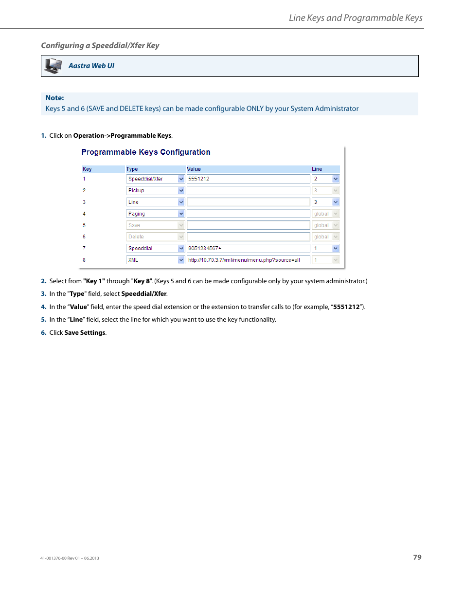 Configuring a speeddial/xfer key, Line keys and programmable keys | AASTRA 6730i (Version 3.2) User Guide EN User Manual | Page 85 / 185