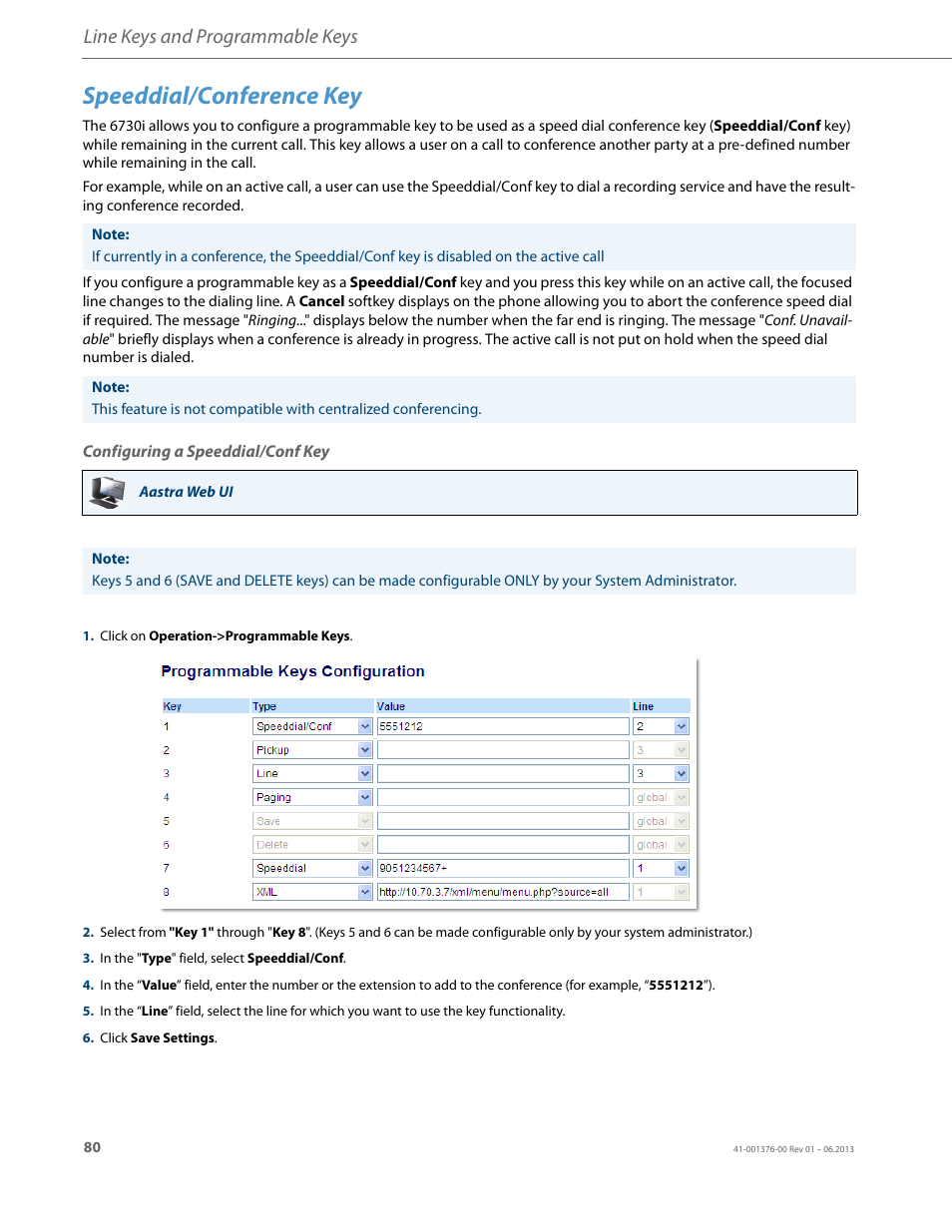 Speeddial/conference key, Configuring a speeddial/conf key, Line keys and programmable keys | AASTRA 6730i (Version 3.2) User Guide EN User Manual | Page 86 / 185