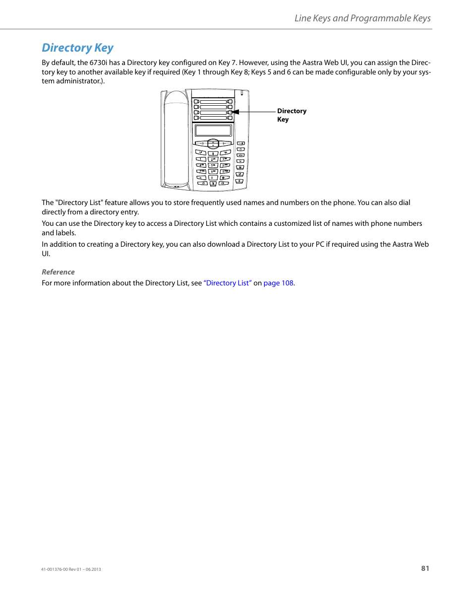 Directory key, Line keys and programmable keys | AASTRA 6730i (Version 3.2) User Guide EN User Manual | Page 87 / 185
