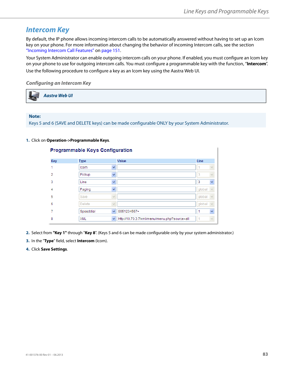 Intercom key, Configuring an intercom key, Line keys and programmable keys | AASTRA 6730i (Version 3.2) User Guide EN User Manual | Page 89 / 185