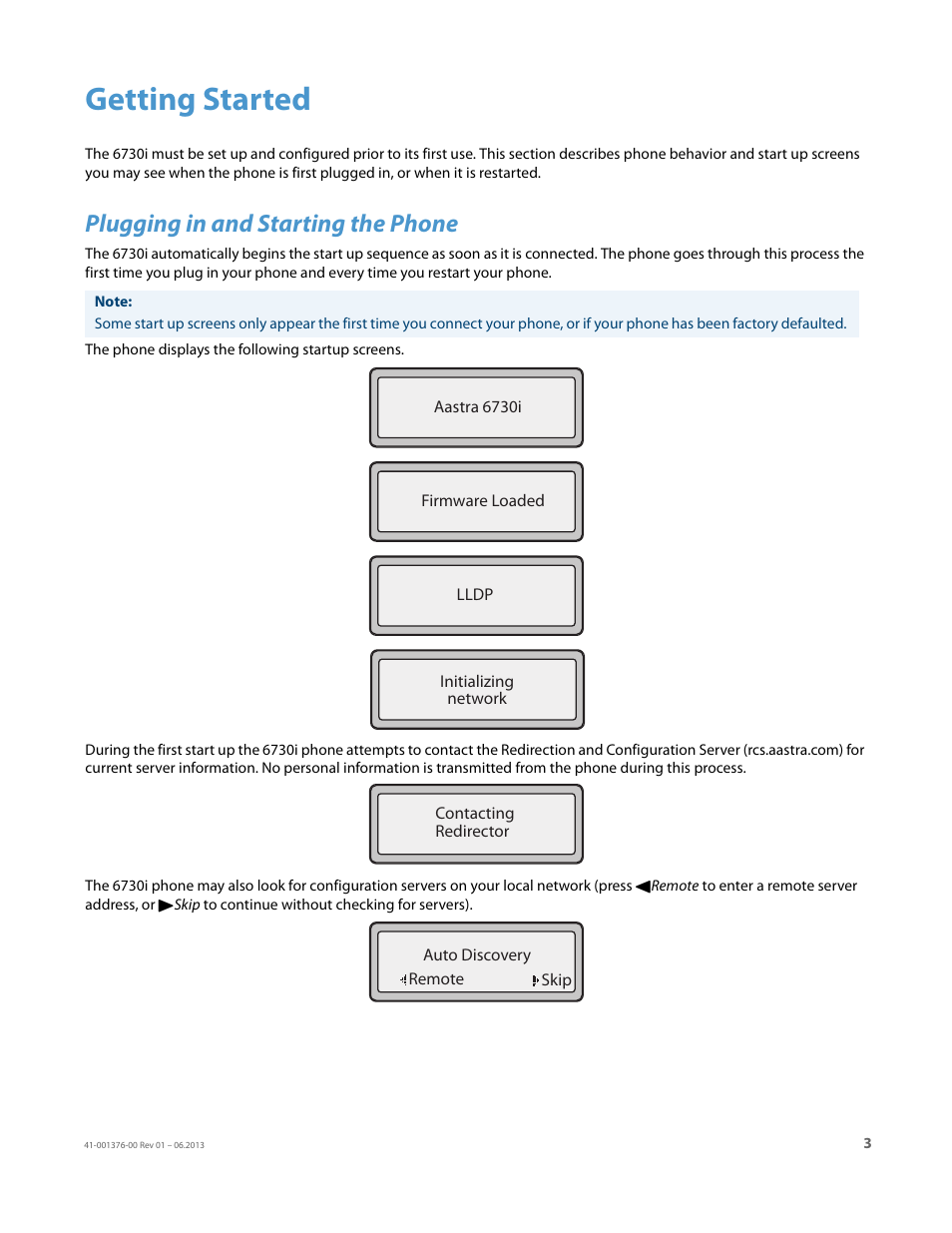 Getting started, Plugging in and starting the phone | AASTRA 6730i (Version 3.2) User Guide EN User Manual | Page 9 / 185