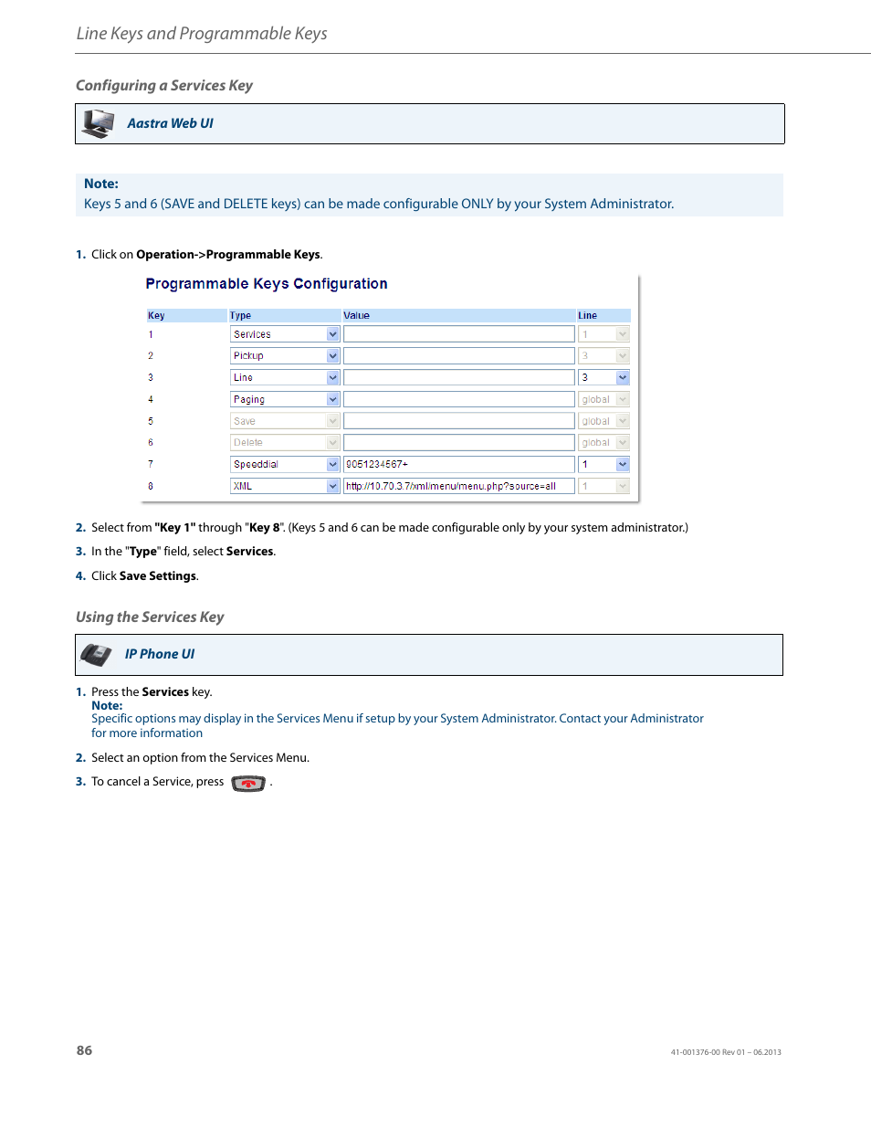 Configuring a services key, Using the services key, Line keys and programmable keys | AASTRA 6730i (Version 3.2) User Guide EN User Manual | Page 92 / 185
