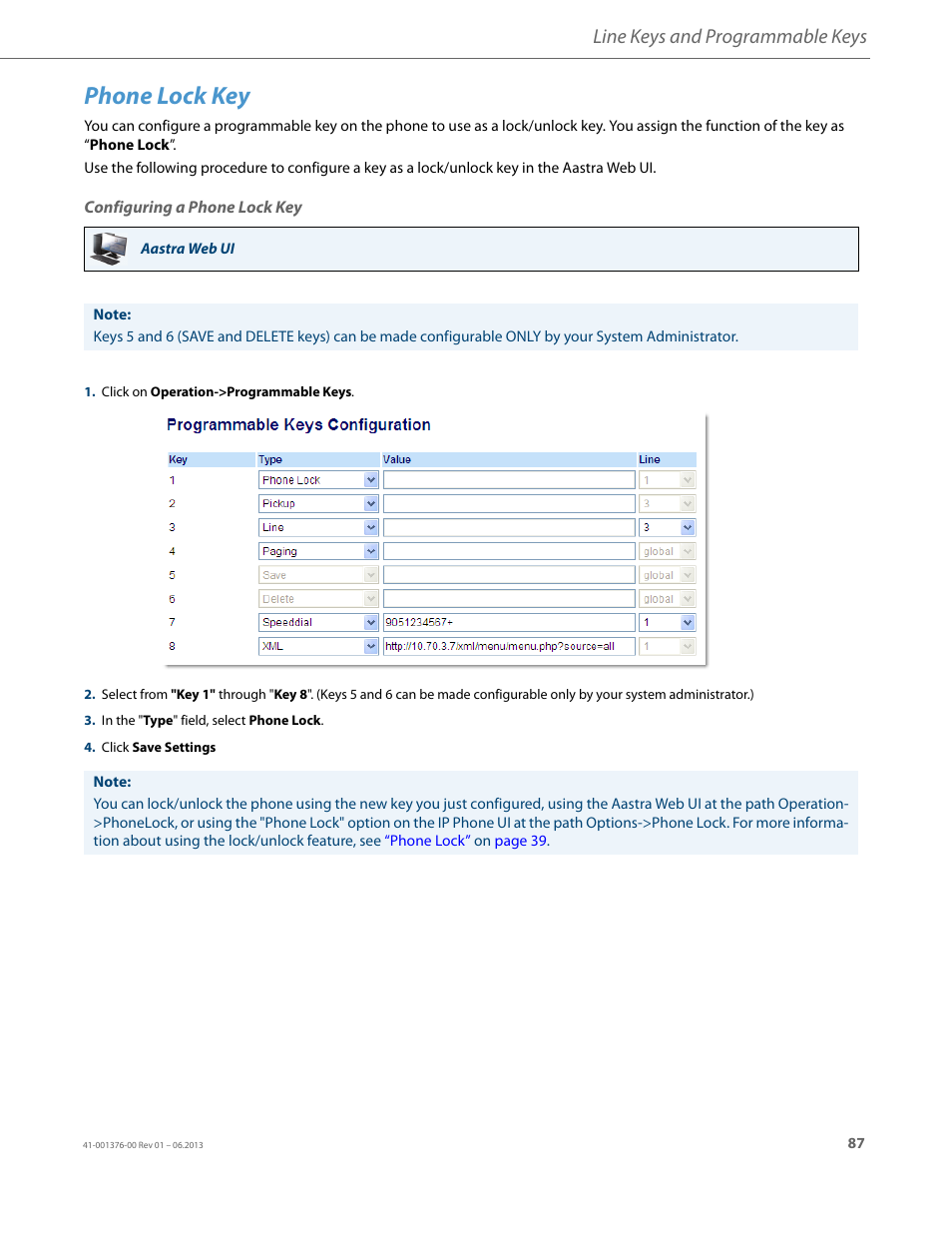 Phone lock key, Configuring a phone lock key, Line keys and programmable keys | AASTRA 6730i (Version 3.2) User Guide EN User Manual | Page 93 / 185
