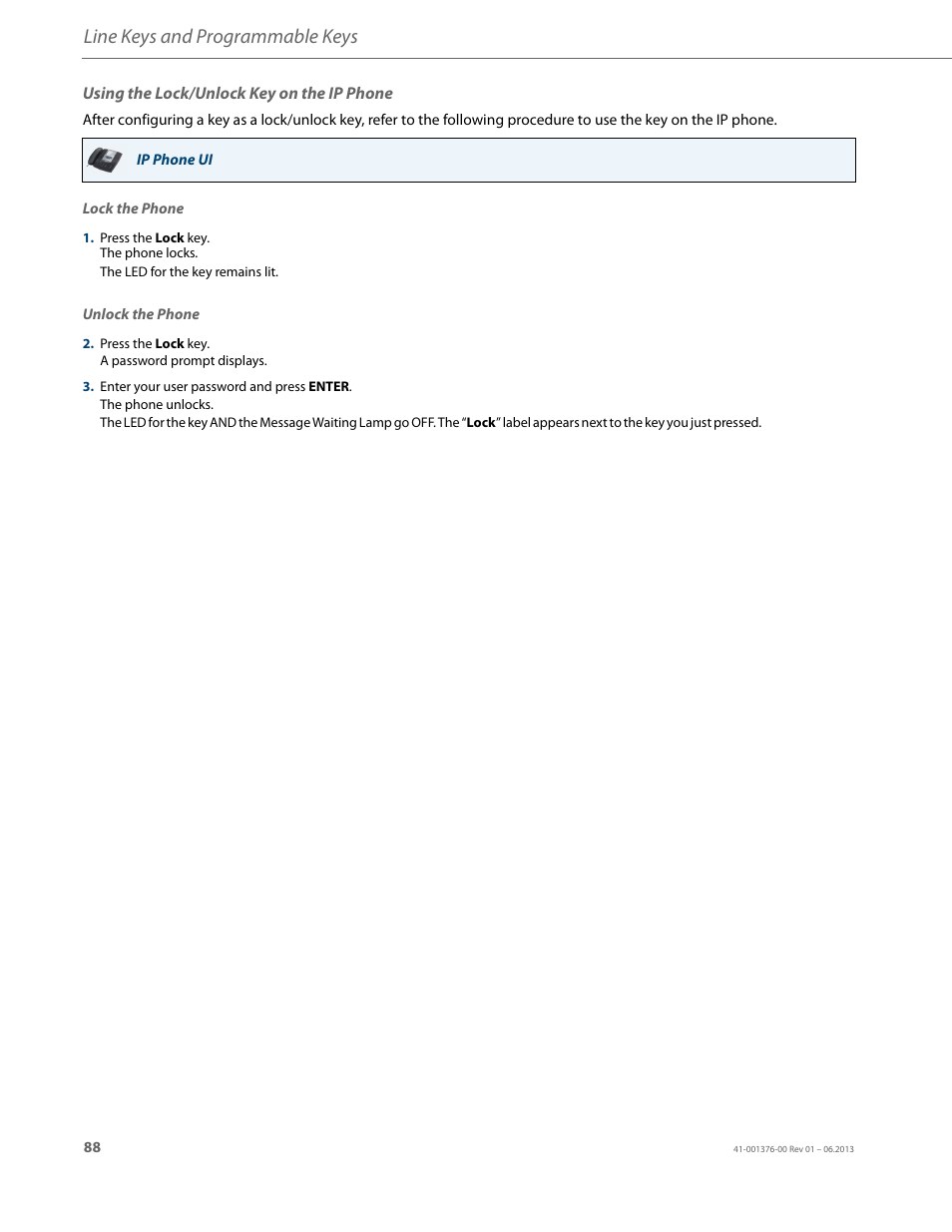 Using the lock/unlock key on the ip phone, Line keys and programmable keys | AASTRA 6730i (Version 3.2) User Guide EN User Manual | Page 94 / 185