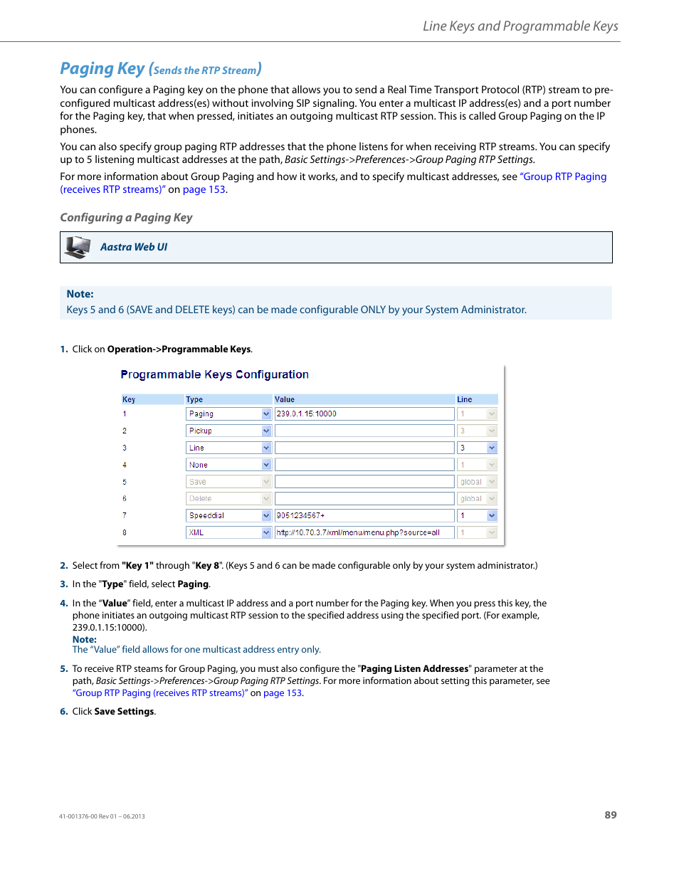 Paging key (sends the rtp stream), Configuring a paging key, Paging key | Line keys and programmable keys | AASTRA 6730i (Version 3.2) User Guide EN User Manual | Page 95 / 185