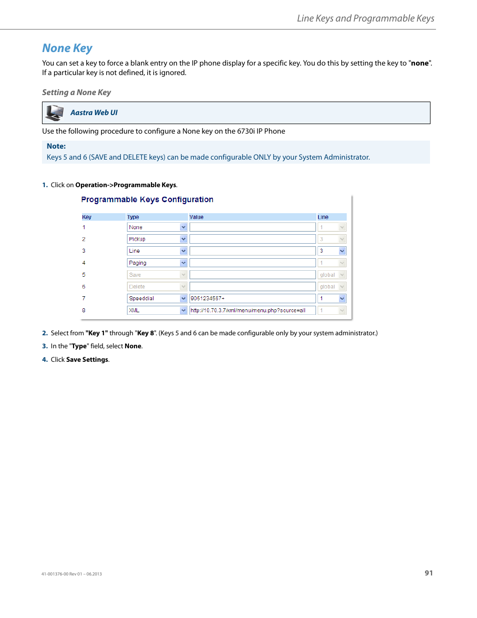None key, Setting a none key, Line keys and programmable keys | AASTRA 6730i (Version 3.2) User Guide EN User Manual | Page 97 / 185