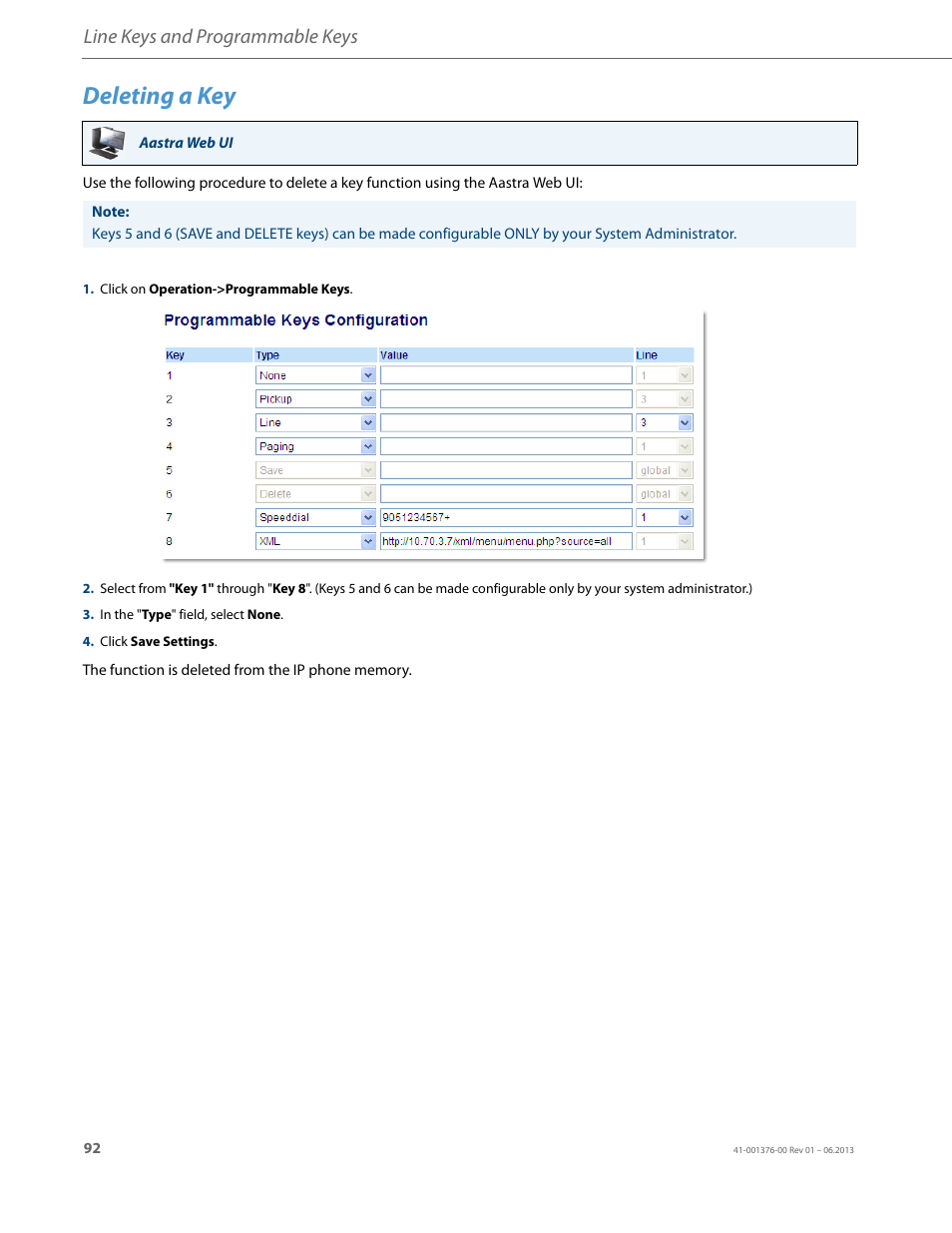 Deleting a key, Line keys and programmable keys | AASTRA 6730i (Version 3.2) User Guide EN User Manual | Page 98 / 185
