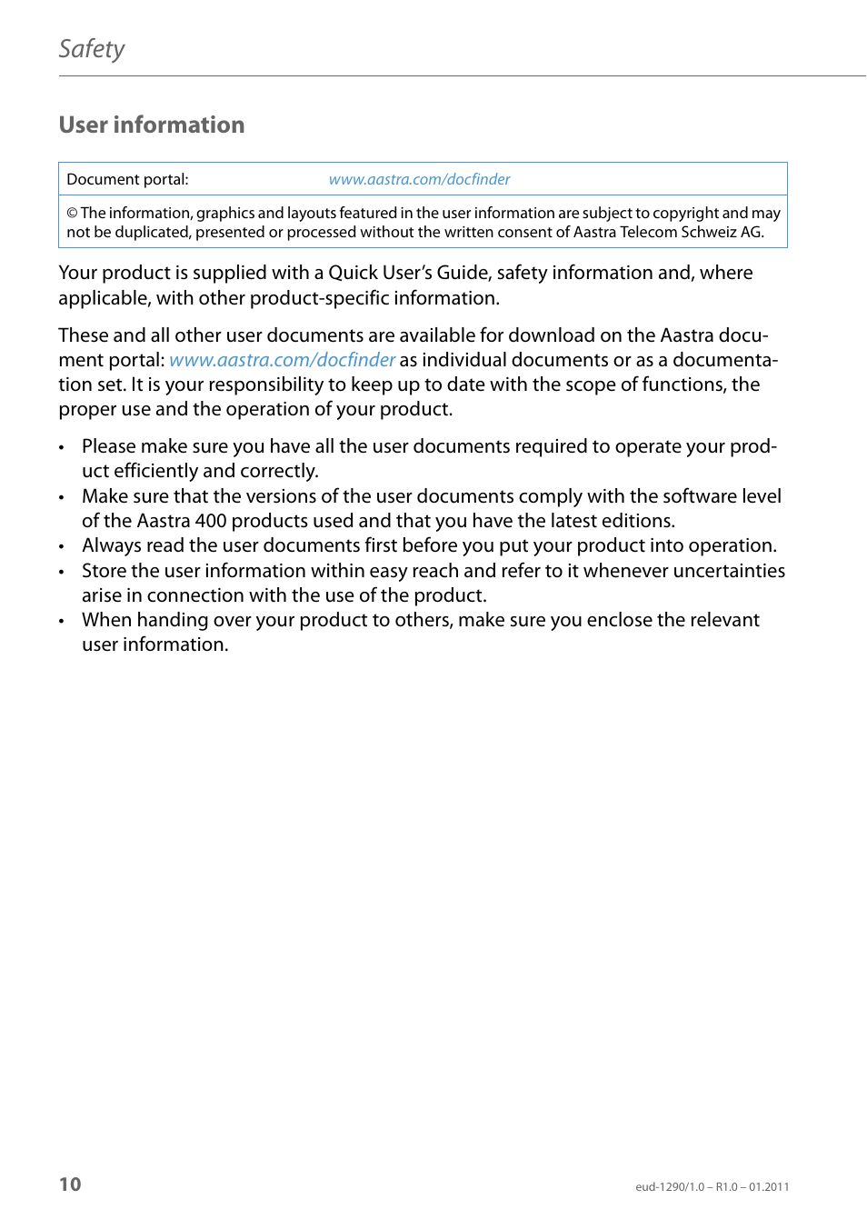 User information, Safety | AASTRA 610d for Aastra 400 User Manual EN User Manual | Page 10 / 100