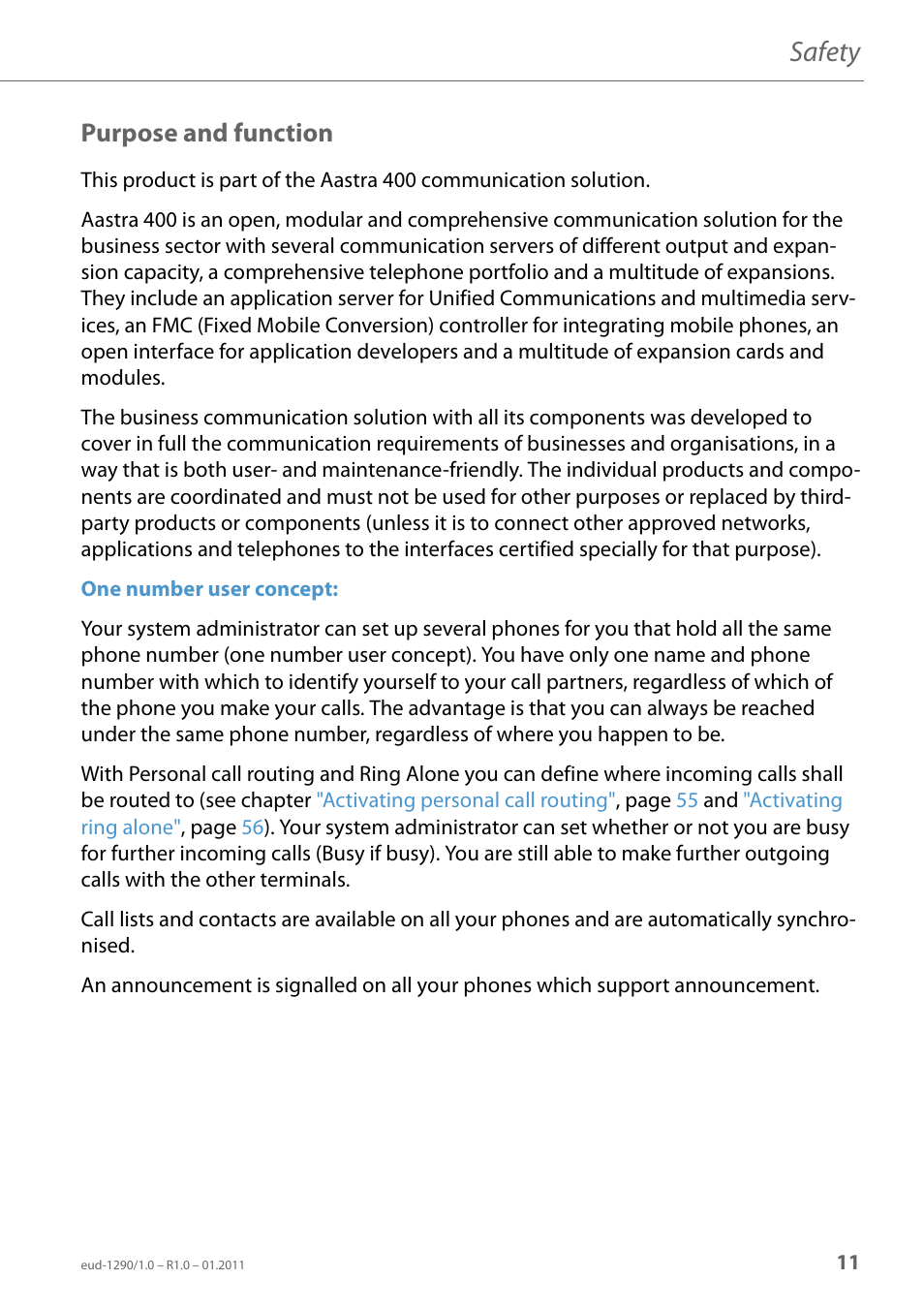 Purpose and function, Safety | AASTRA 610d for Aastra 400 User Manual EN User Manual | Page 11 / 100