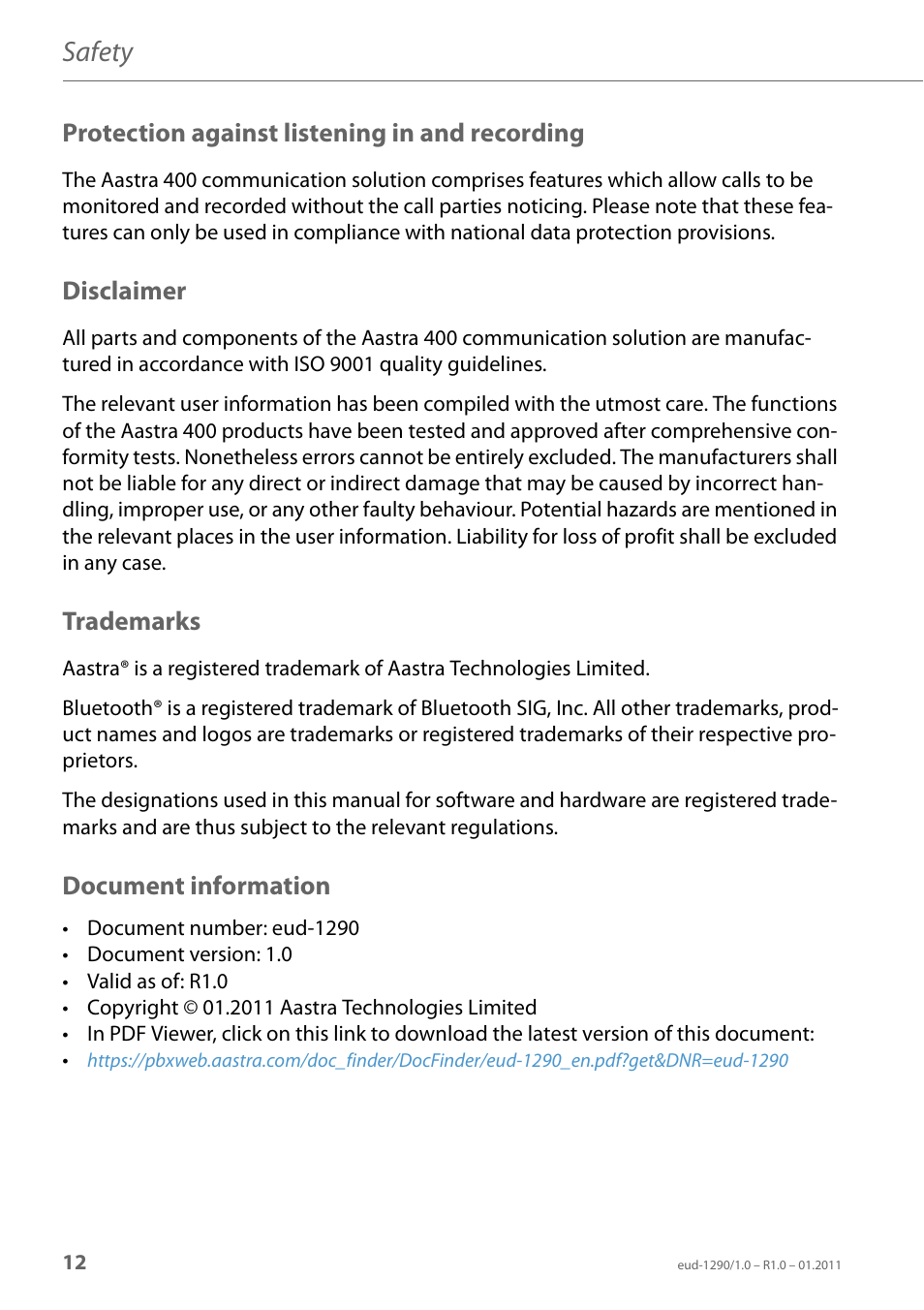 Eud-1290/1.0 - r1.0 - 01.2011, Protection against listening in and recording, Disclaimer | Trademarks, Document information, Safety | AASTRA 610d for Aastra 400 User Manual EN User Manual | Page 12 / 100