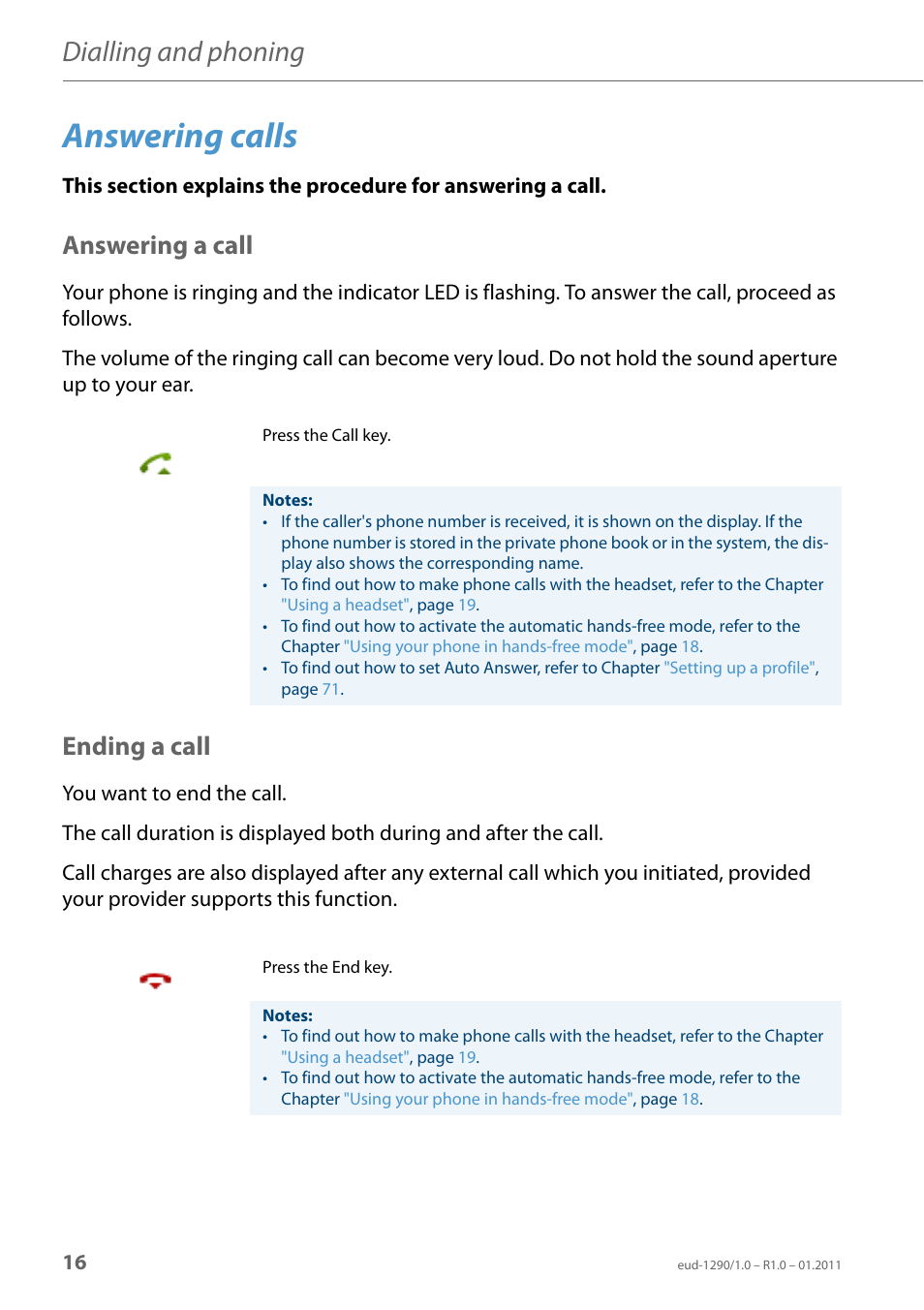 Answering calls, Answering a call, Ending a call | Dialling and phoning | AASTRA 610d for Aastra 400 User Manual EN User Manual | Page 16 / 100