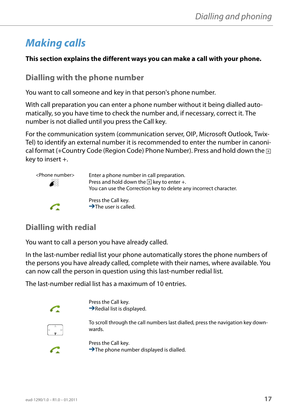 Making calls, Dialling with the phone number, Dialling with redial | Dialling and phoning | AASTRA 610d for Aastra 400 User Manual EN User Manual | Page 17 / 100