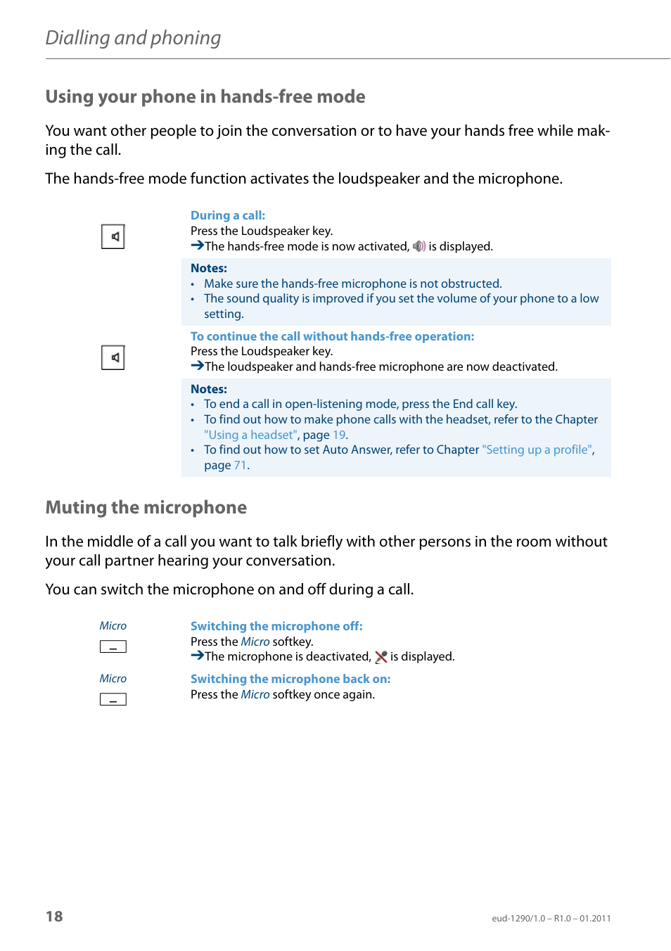 Using your phone in hands-free mode, Muting the microphone, Dialling and phoning | AASTRA 610d for Aastra 400 User Manual EN User Manual | Page 18 / 100