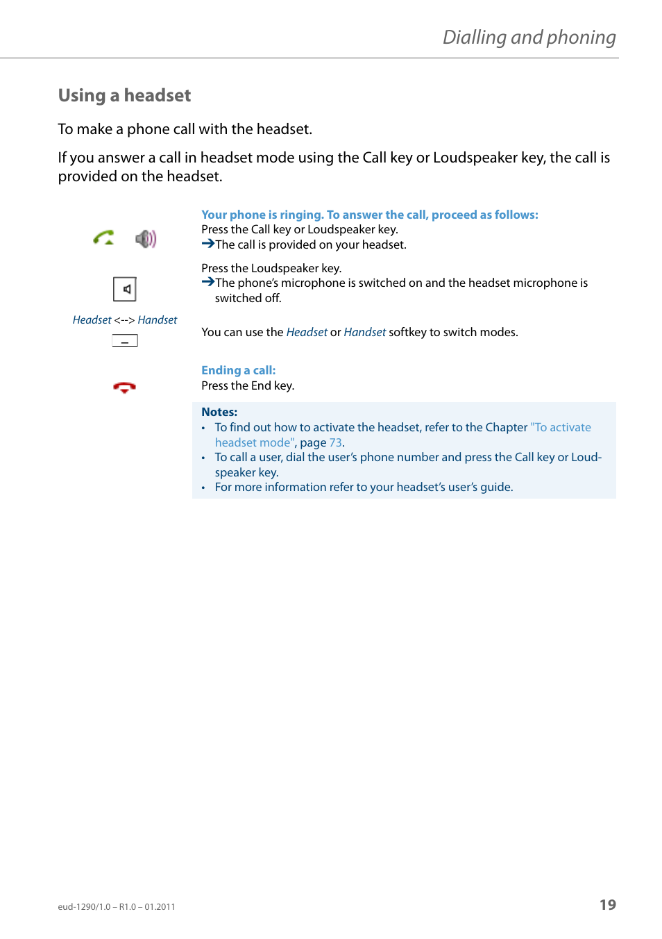 Using a headset, Dialling and phoning | AASTRA 610d for Aastra 400 User Manual EN User Manual | Page 19 / 100