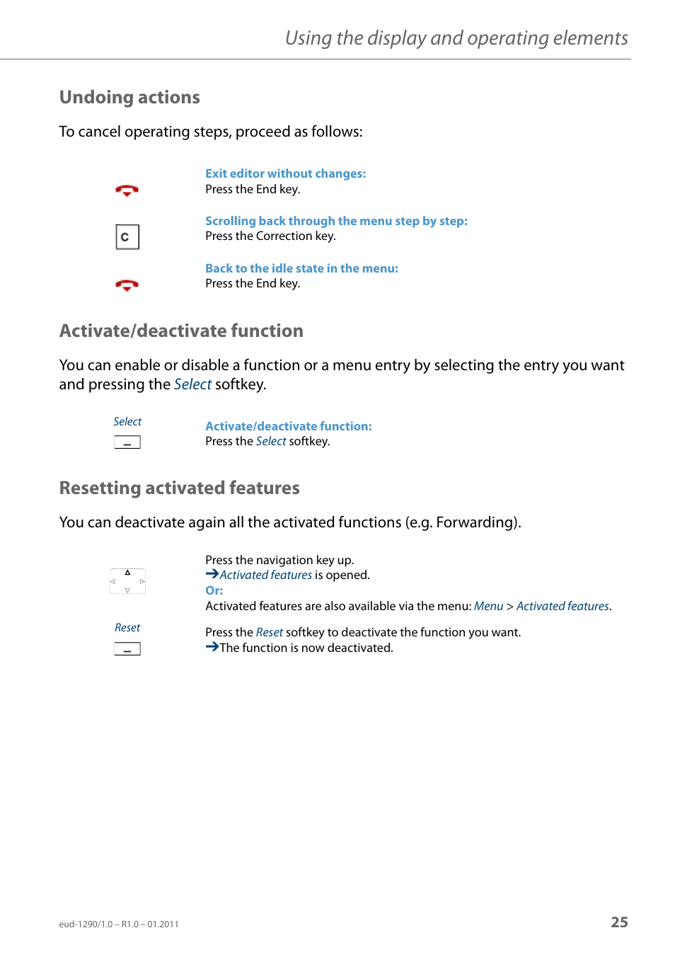 Undoing actions, Activate/deactivate function, Resetting activated features | Using the display and operating elements | AASTRA 610d for Aastra 400 User Manual EN User Manual | Page 25 / 100