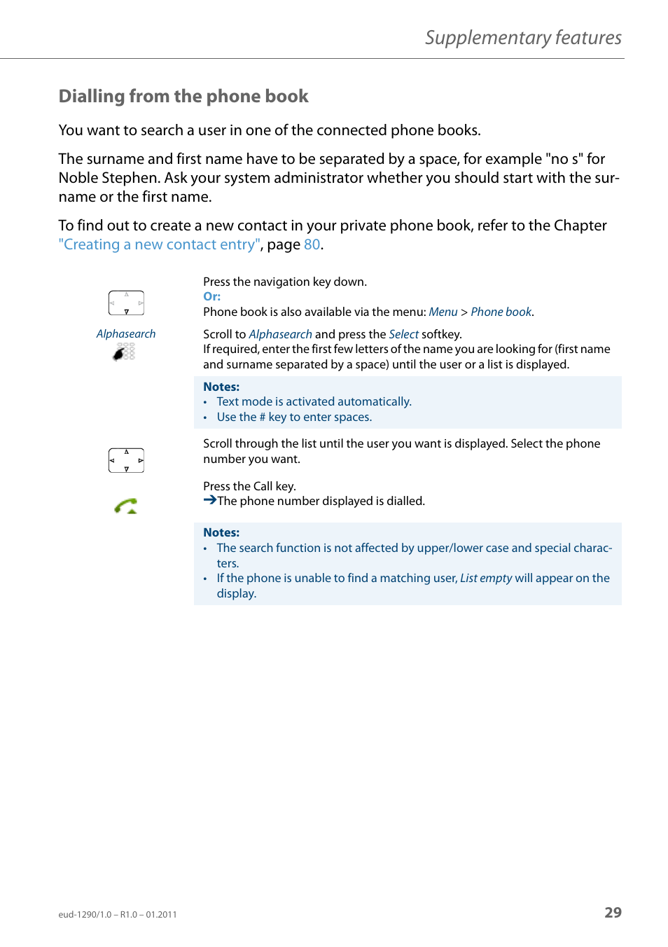 Dialling from the phone book, Supplementary features | AASTRA 610d for Aastra 400 User Manual EN User Manual | Page 29 / 100