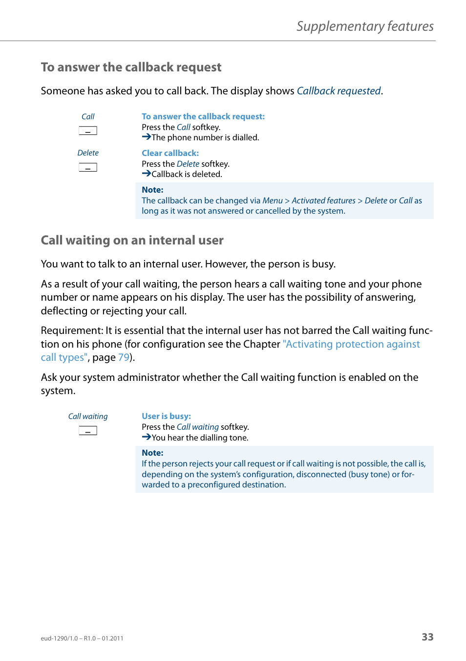 To answer the callback request, Call waiting on an internal user, Supplementary features | AASTRA 610d for Aastra 400 User Manual EN User Manual | Page 33 / 100
