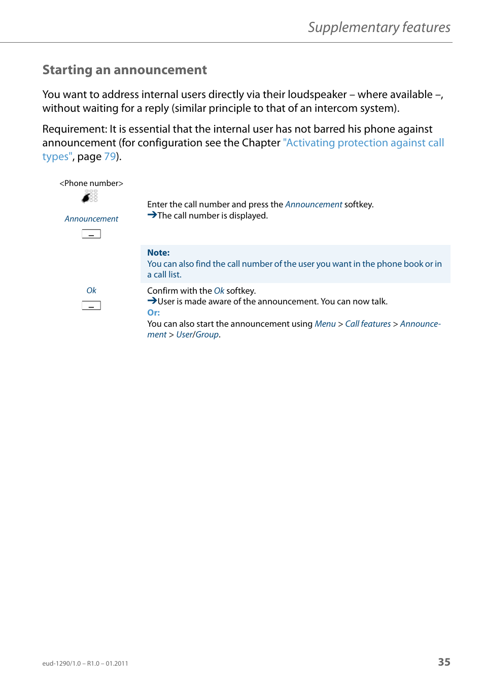 Starting an announcement, Supplementary features | AASTRA 610d for Aastra 400 User Manual EN User Manual | Page 35 / 100