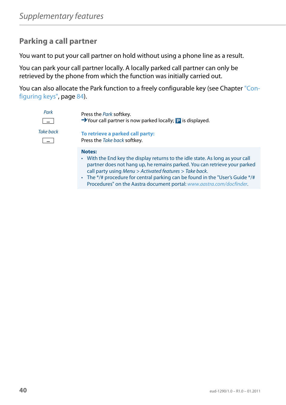 Parking a call partner, Supplementary features | AASTRA 610d for Aastra 400 User Manual EN User Manual | Page 40 / 100