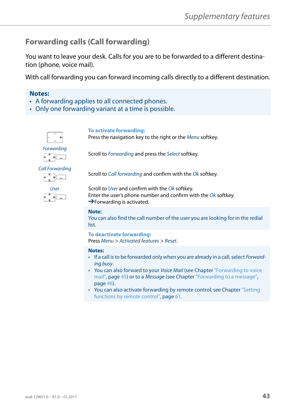Forwarding calls (call forwarding), Supplementary features | AASTRA 610d for Aastra 400 User Manual EN User Manual | Page 43 / 100