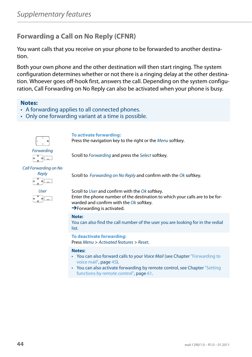 Forwarding a call on no reply (cfnr), Supplementary features | AASTRA 610d for Aastra 400 User Manual EN User Manual | Page 44 / 100